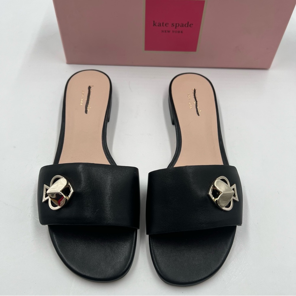 kate spade Black Slide Sandals with Gold Logo Accent - Picture 3 of 9